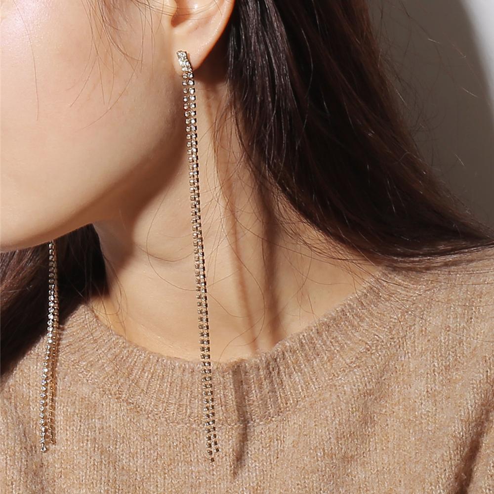 17cm Long Rhinestones Crystal Dangle Earrings Women Drop Earrings Jewelry Silver Color Double Tail Tassel Accessories