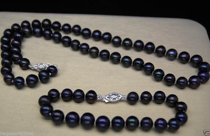 18 9-10MM TAHITIAN NATURAL BLACK PEARL NECKLACE BRACELET 14k/20 WHITE clasp
