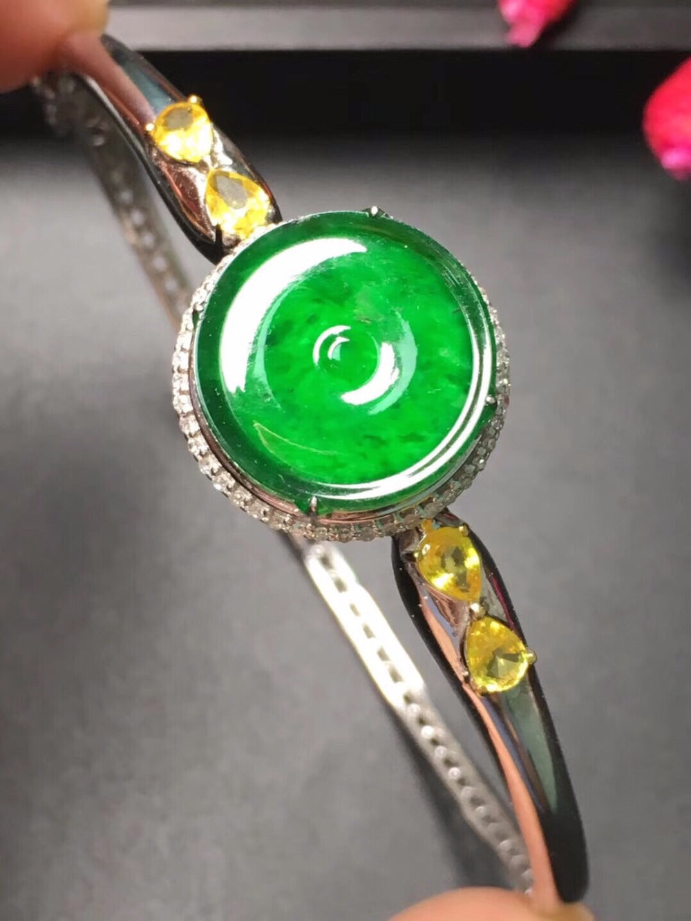 181004 Fine Jewelry Real 18K Gold Natural burma jade bangle bracelet jade naturelle jonc myanmar jade bracelet Certificate