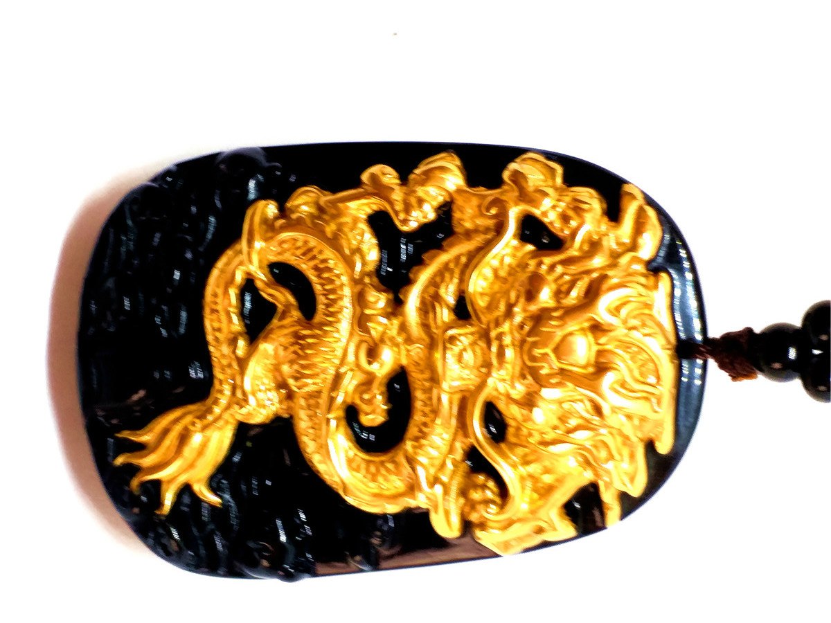 18K 999 Pure Yellow Gold Inl Natural Obsidian Black Jade Pendant Dragon Necklace Sweater Chain Jewelry Gift Wholesale
