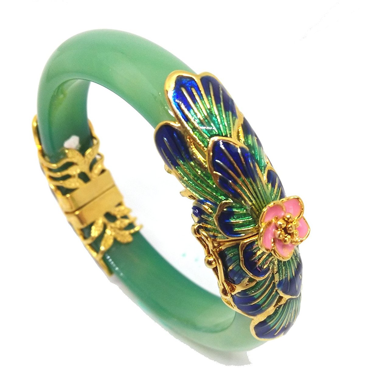 18K Gold Plated Cloisonne Flower Natural Green Jade Bangle Bracelet Fashion Temperament Jewelry Gems Accessories Gifts Wholesale