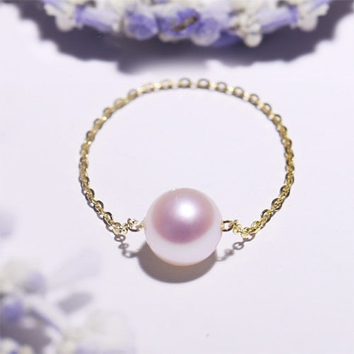 18K Gold White Natural Akoya Seawater Pearl Chain Ring Female Resizable Genuine Gift for Girlfriend Support Customization