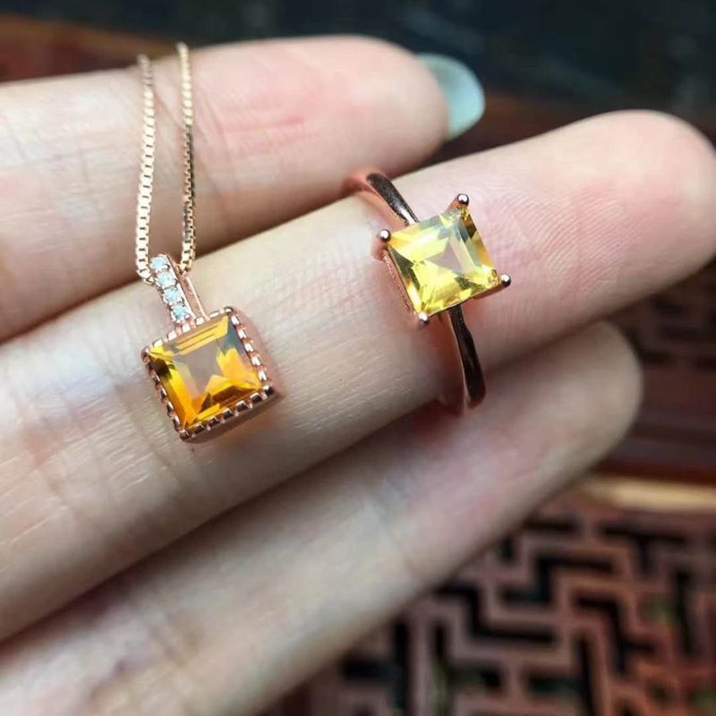 18K Gold-plated 925 Sterling Silver Square Citrine Pendent Necklace, Ring, Jewelry Set Natural Gemstone 5 x 5 mm