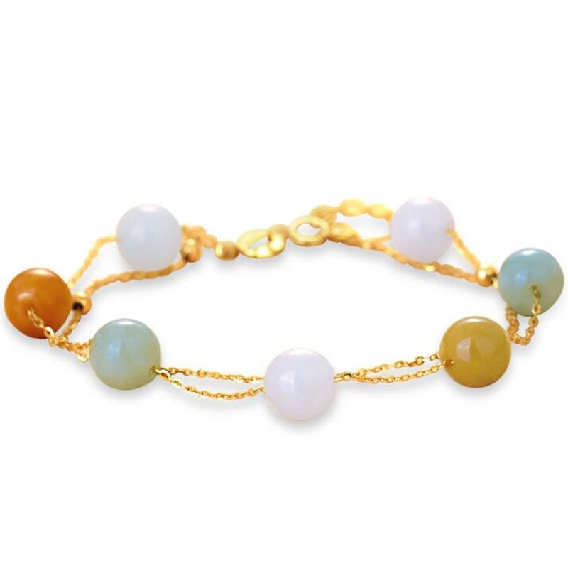 18K Yellow Gold 7-8mm Natural Amazon Stone Beaded Charm Bracelet Bangles Wedding Jewelry Women Gold Chain Link Bracelet