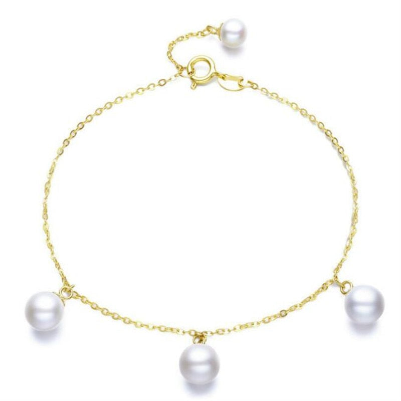 18K Yellow Gold AAAAA Natural Cultured Pearl Trendy Chain Bracelets Round White Pearl For Young Lady Birthd Gifts