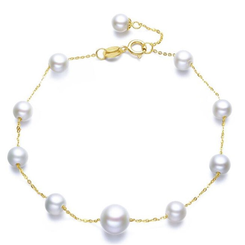18K Yellow Gold Natural Cultured Pearl Charms Bracelet Bangles Wedding Jewelry Women Gold Chain Link Bracelets