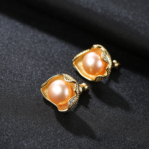 18k Gold Color Stud Earrings Shell Design Natural Pearl Real Pure 925 Sterling Silver Fashion for Women Gifts