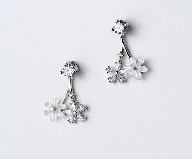 1PAIR Authentic Real 100% 925 Sterling Silver fine Jewelry Shell &zirconia Flower Front&Back ear Earrings GTLE2357