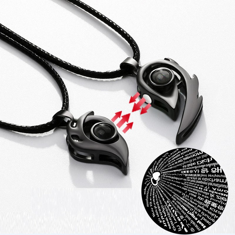 1PAIR Stainless Steel 100 Languages I Love You Projection Magnetic Couple Necklace Heart Necklace Jewelry Lover Creative Gifts