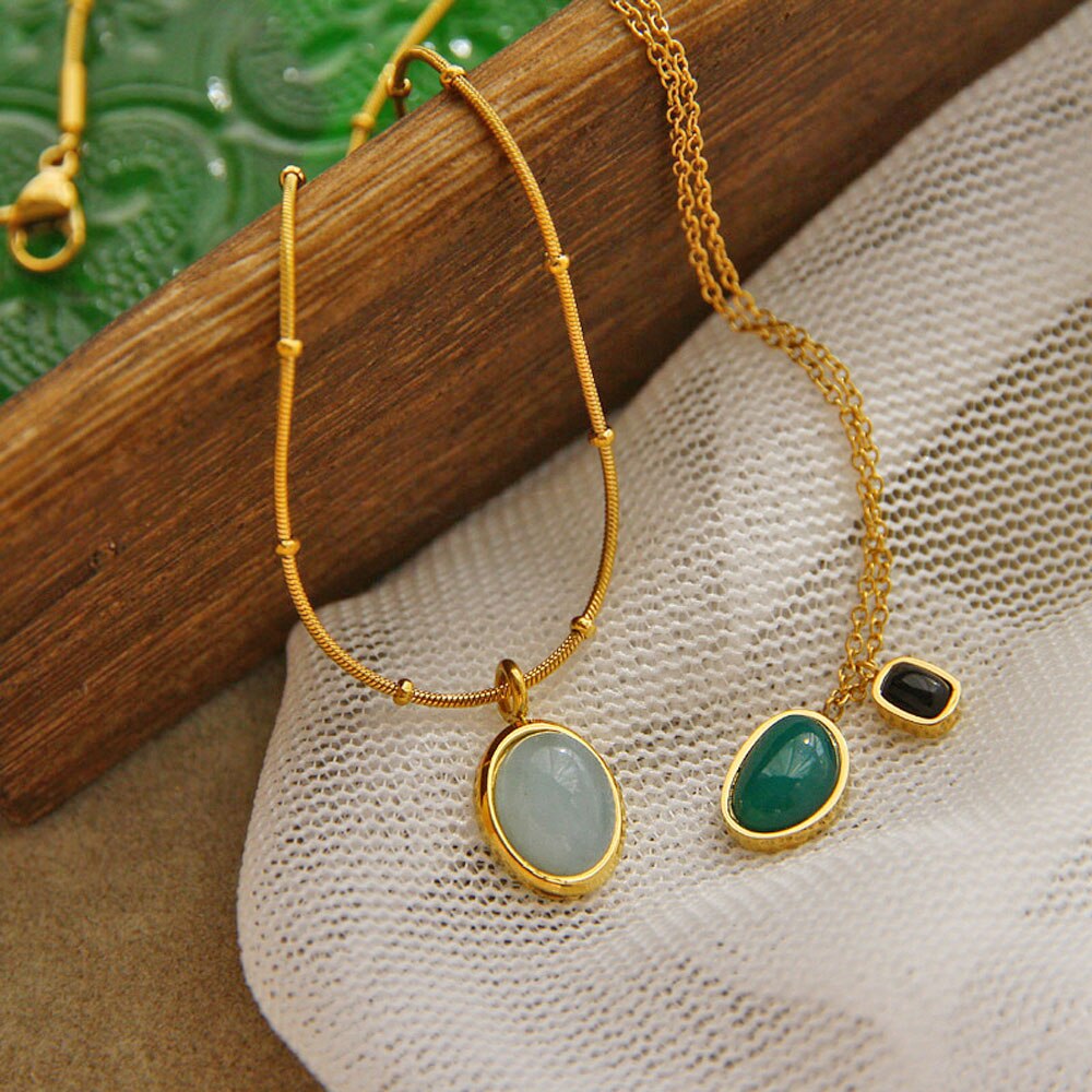 1PC Aquamarine Emerald Natural Stone Pendant 18K Gold Filled Necklace Alien Stone Choker Delicate Charm Choker Ins Jewelry