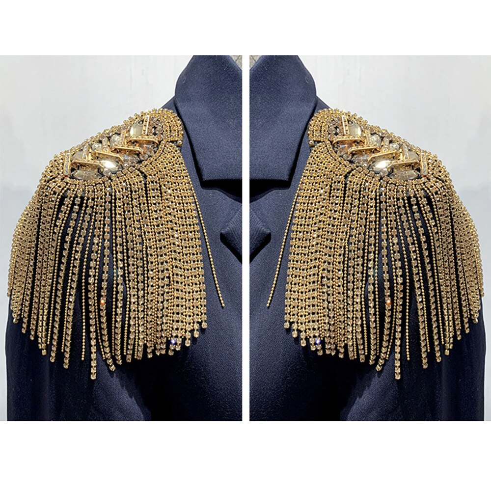 1PC Decorative Shoulder Pad Jewelry Tassel Rhinestones Gold Epaulettes Clothing Accessories Brooch Epaulet Shoulder Brooches