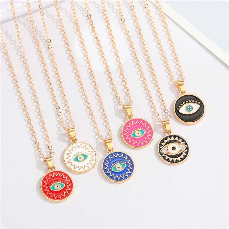 1PC Enamel Turkish Evil Eye Round Pendant Necklace For Women Vintage Colorful Eye Necklace Clavicle Chain Jewelry N225