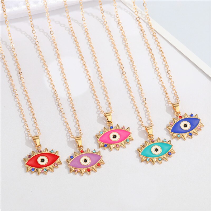1PC Ethnic Colorful Evil Eye Necklace For Women Bohemia Enamel Rainbow Zircon Eyelashes Pendant Necklace Chain Jewelry N222