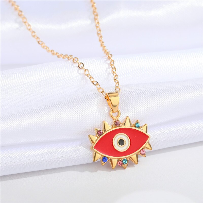 1PC Ethnic Colorful Evil Eye Necklace For Women Bohemia Enamel Rainbow Zircon Eyelashes Pendant Necklace Chain Jewelry N222
