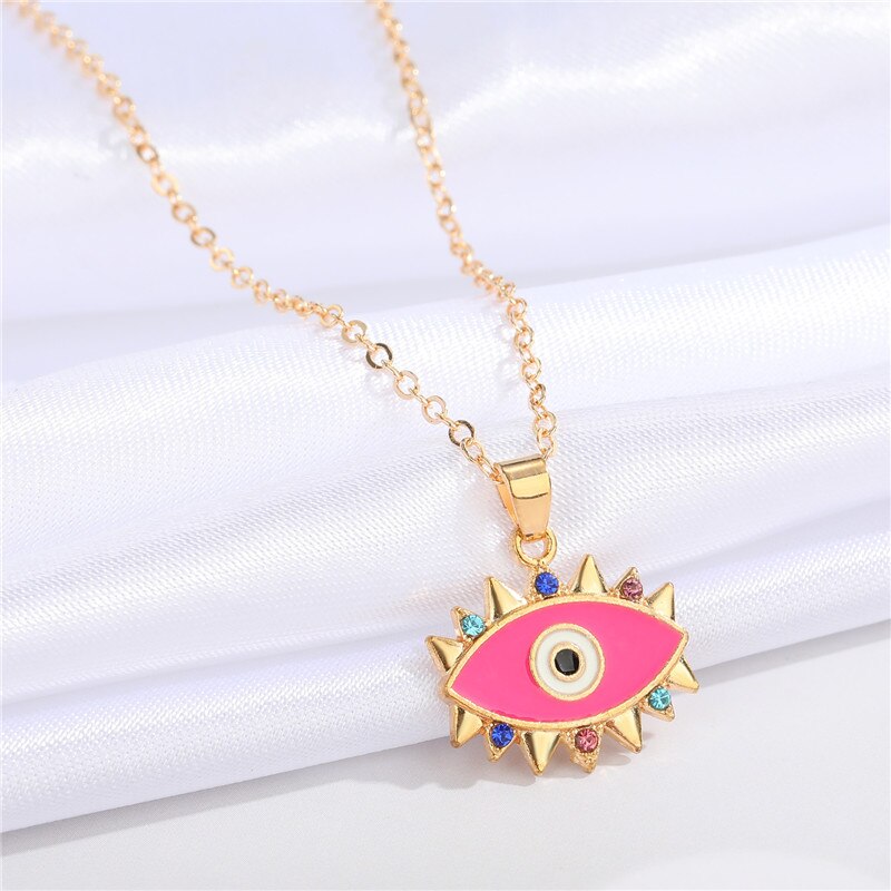 1PC Ethnic Colorful Evil Eye Necklace For Women Bohemia Enamel Rainbow Zircon Eyelashes Pendant Necklace Chain Jewelry N222