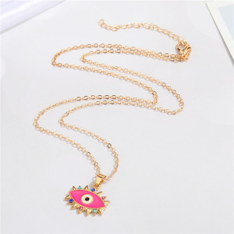 1PC Ethnic Colorful Evil Eye Necklace For Women Bohemia Enamel Rainbow Zircon Eyelashes Pendant Necklace Chain Jewelry N222