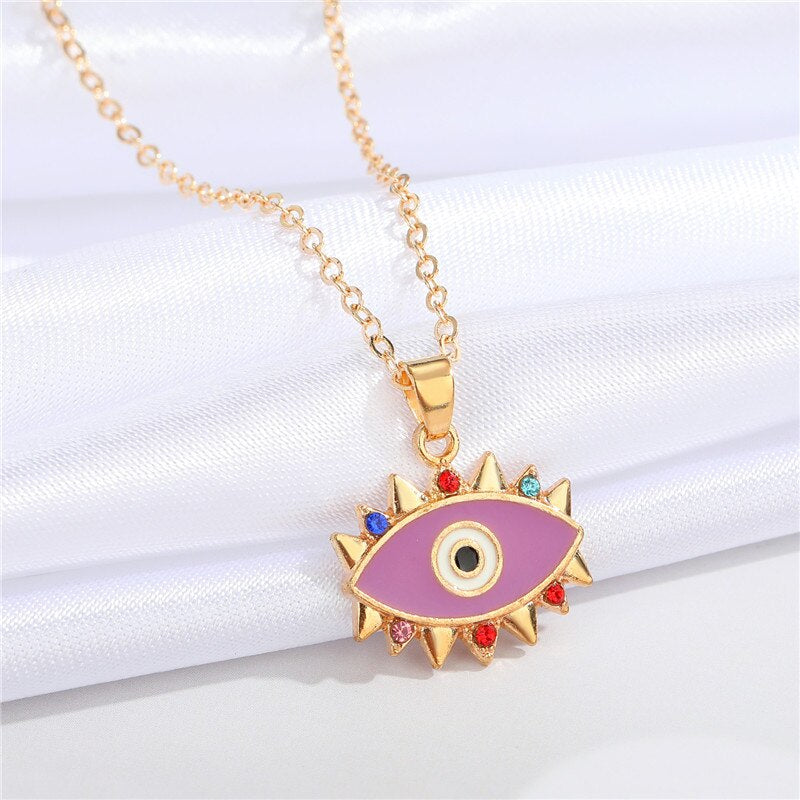 1PC Ethnic Colorful Evil Eye Necklace For Women Bohemia Enamel Rainbow Zircon Eyelashes Pendant Necklace Chain Jewelry N222