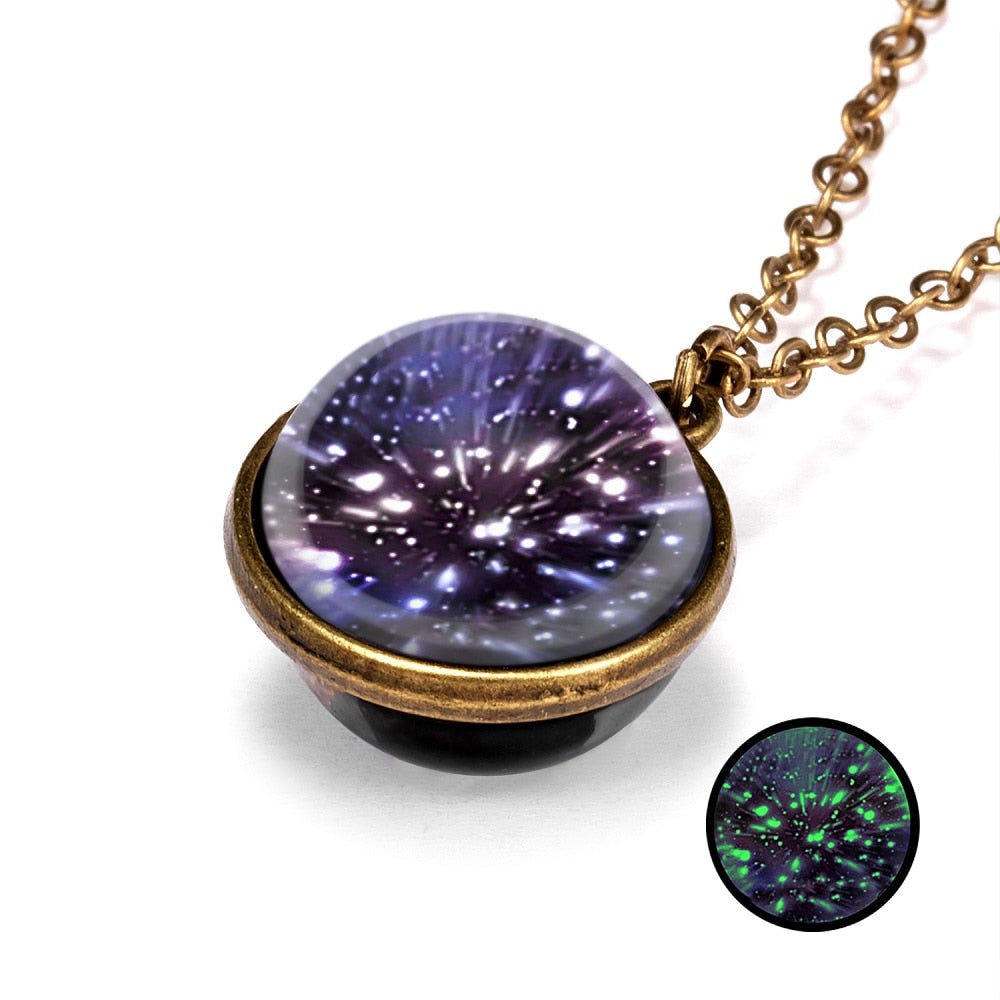 1PC Statement Gorgeous Colorful Glass Galaxy Planet Earth Universe Ball Pendant Link Chain Necklace Glow in the Dark