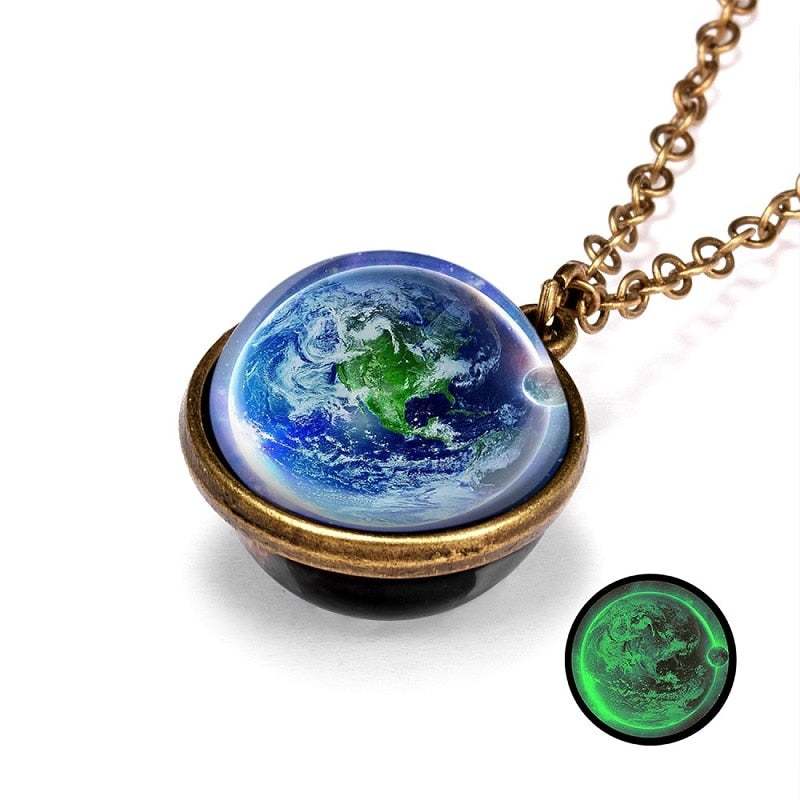 1PC Statement Gorgeous Colorful Glass Galaxy Planet Earth Universe Ball Pendant Link Chain Necklace Glow in the Dark