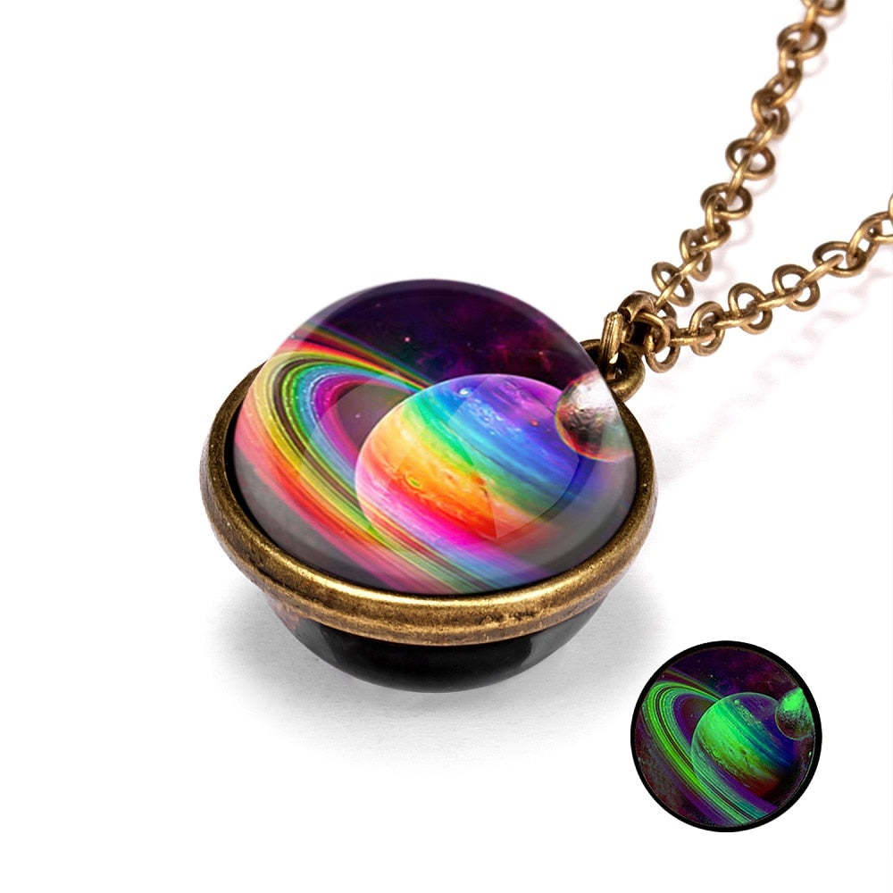 1PC Statement Gorgeous Colorful Glass Galaxy Planet Earth Universe Ball Pendant Link Chain Necklace Glow in the Dark