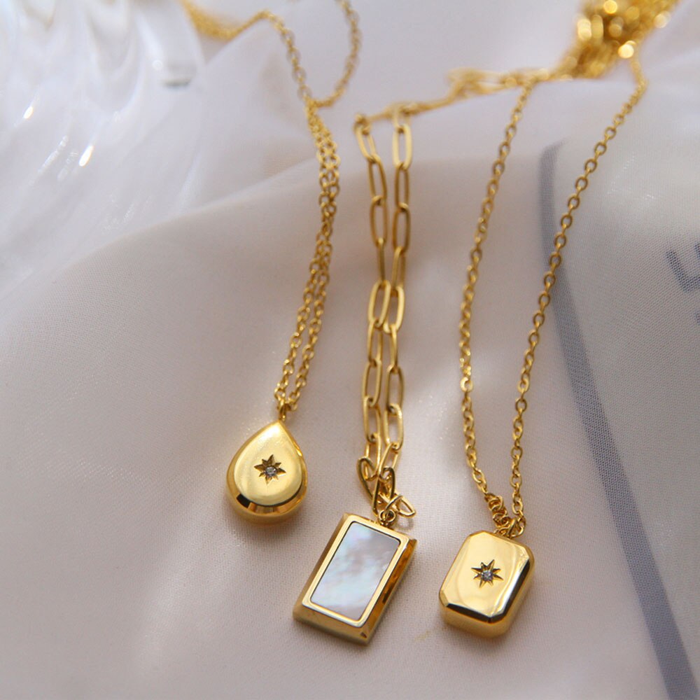 1PC Gold Bricks Pendant Necklace 18K Gold Plated White Mother Oyster Choker Color Retention Clavicle Chain Jewelry