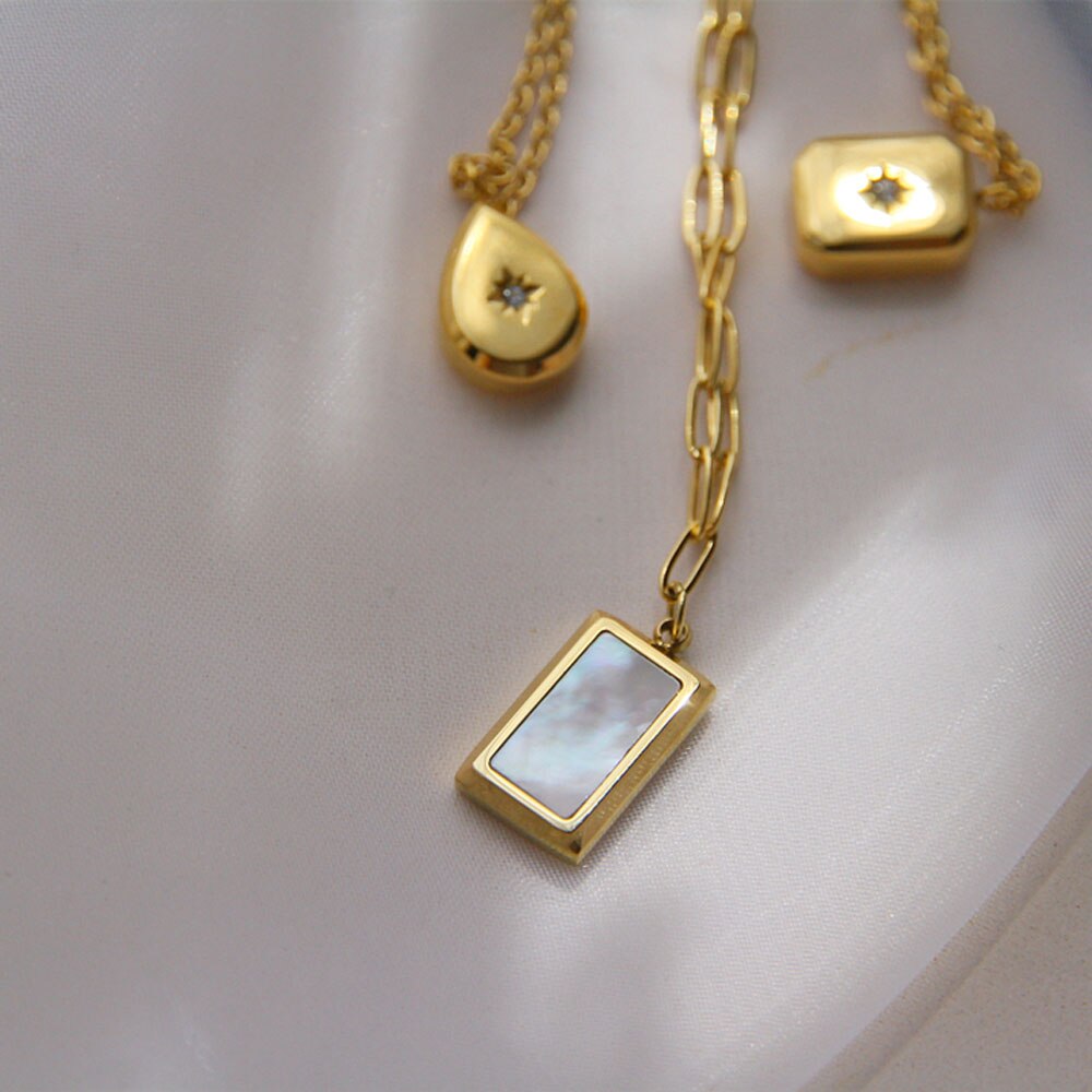 1PC Gold Bricks Pendant Necklace 18K Gold Plated White Mother Oyster Choker Color Retention Clavicle Chain Jewelry