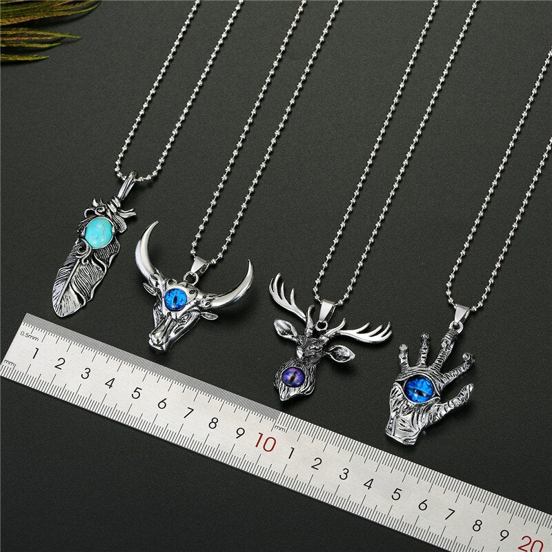 1PC Gothic Personality Evil Eye Bull Head Necklace For Women Men Punk Vintage Metal Hand Palm Feather Pendant Choker Jewelry