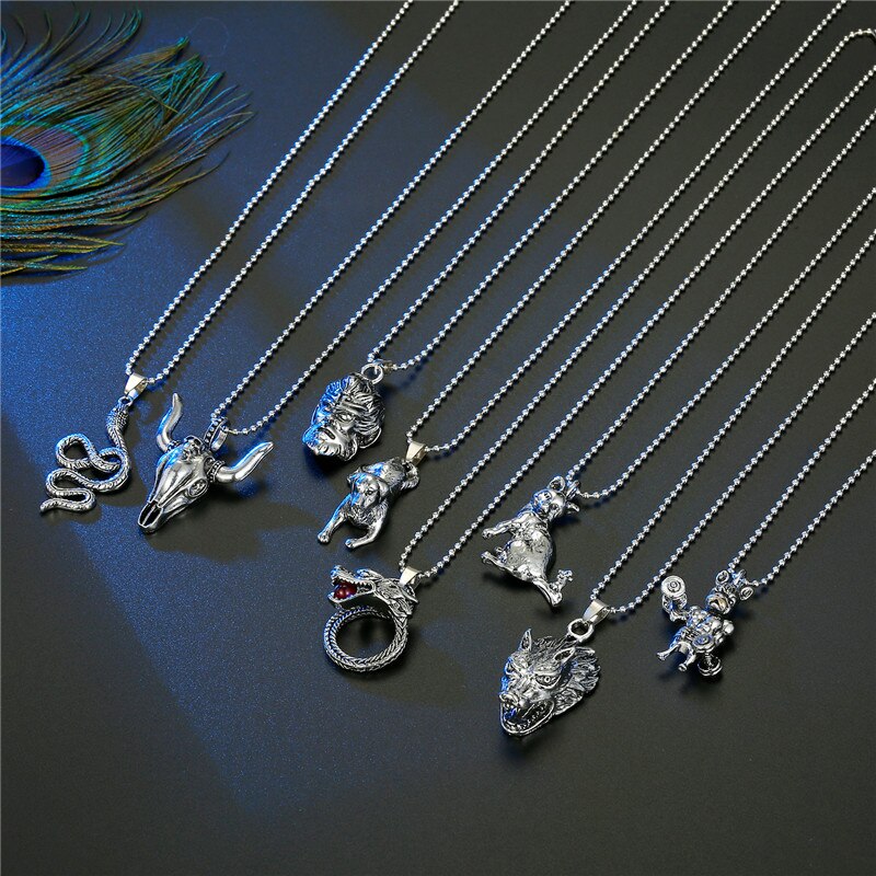 1PC Men Punk Vintage Metal Snake Dog Statement Necklace Gothic Monkey Dragon Bull Head Animals Pendant Necklace Women Jewelry