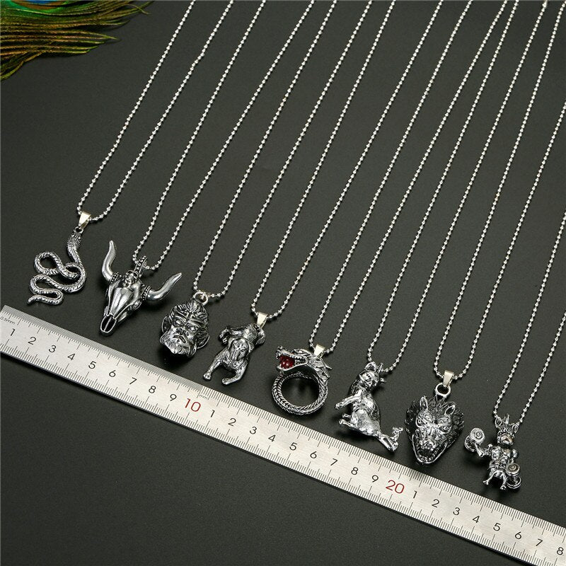 1PC Men Punk Vintage Metal Snake Dog Statement Necklace Gothic Monkey Dragon Bull Head Animals Pendant Necklace Women Jewelry