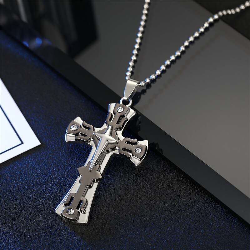 1PC Punk Rhinestones Cross Necklace Choker Male Jewelry Hip Hop Gold Color Crystal Cross Big Pendant Necklace For Men Women