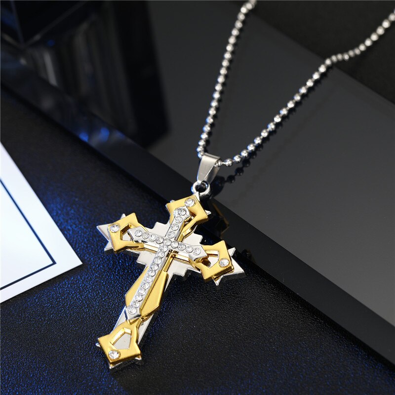 1PC Punk Rhinestones Cross Necklace Choker Male Jewelry Hip Hop Gold Color Crystal Cross Big Pendant Necklace For Men Women