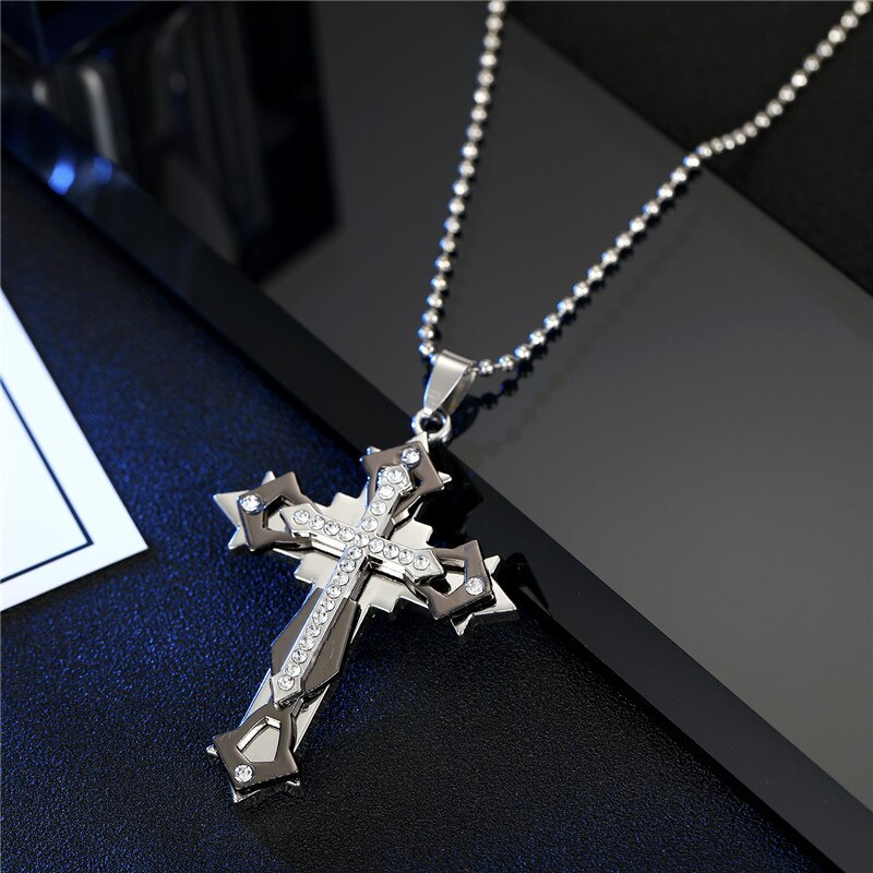 1PC Punk Rhinestones Cross Necklace Choker Male Jewelry Hip Hop Gold Color Crystal Cross Big Pendant Necklace For Men Women