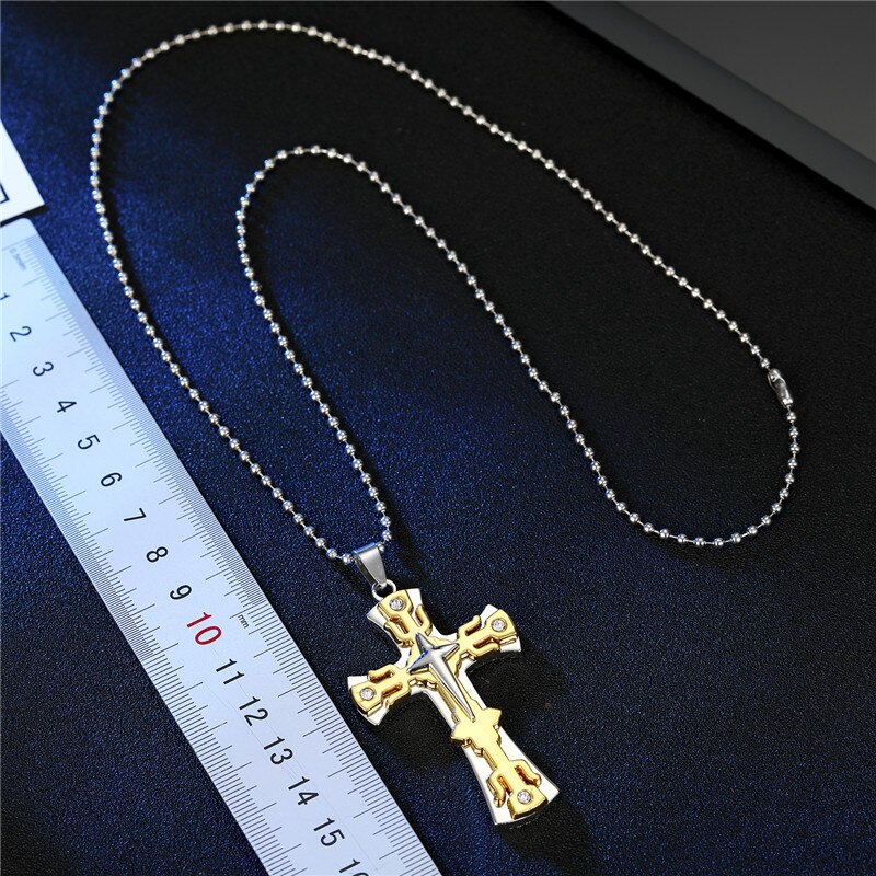 1PC Punk Rhinestones Cross Necklace Choker Male Jewelry Hip Hop Gold Color Crystal Cross Big Pendant Necklace For Men Women