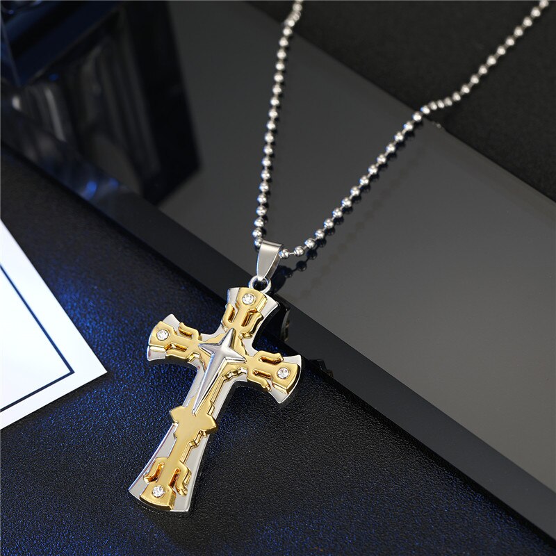 1PC Punk Rhinestones Cross Necklace Choker Male Jewelry Hip Hop Gold Color Crystal Cross Big Pendant Necklace For Men Women