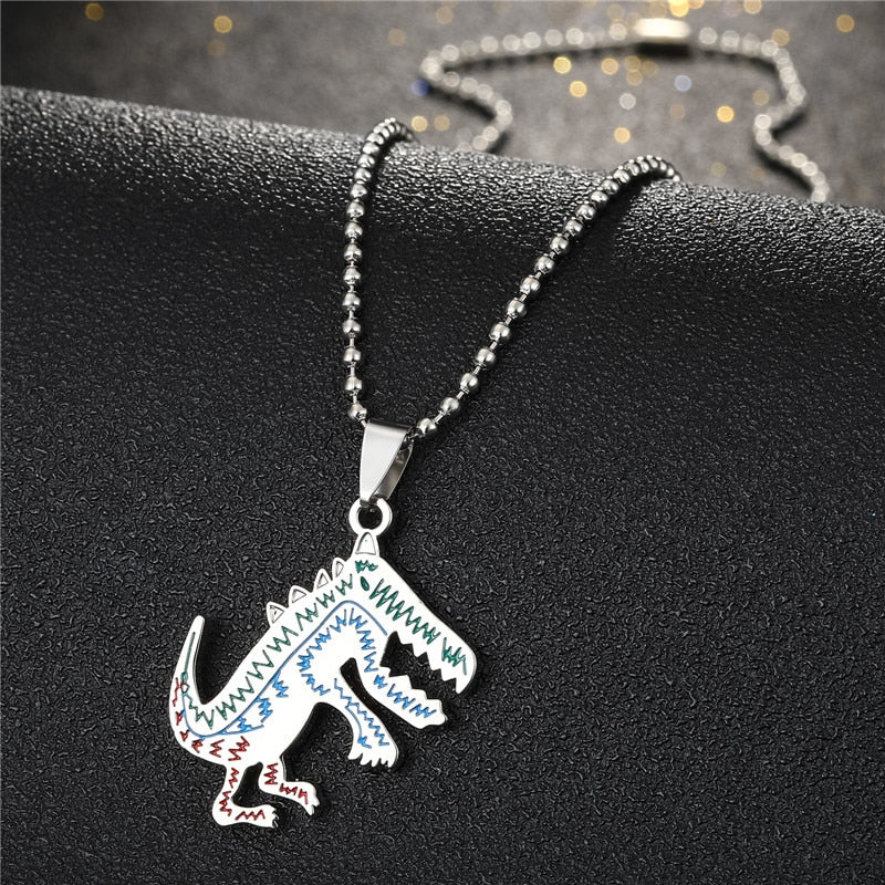 1PC Punk Cute Metal Small Dinosaur Chain Necklace For Women Men Trendy Hiphop Steel Color Graffiti Animal Pendant Choker Jewelry
