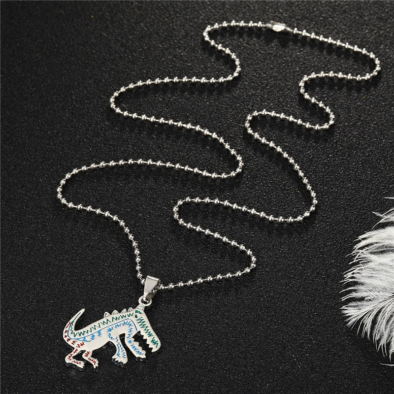 1PC Punk Cute Metal Small Dinosaur Chain Necklace For Women Men Trendy Hiphop Steel Color Graffiti Animal Pendant Choker Jewelry