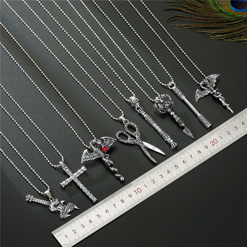 1PC Punk Gothic Cross Skull Scepter Statement Necklace For Women Men Unique Vintage Guitar Scissors Flying Dragon Pendant Choker