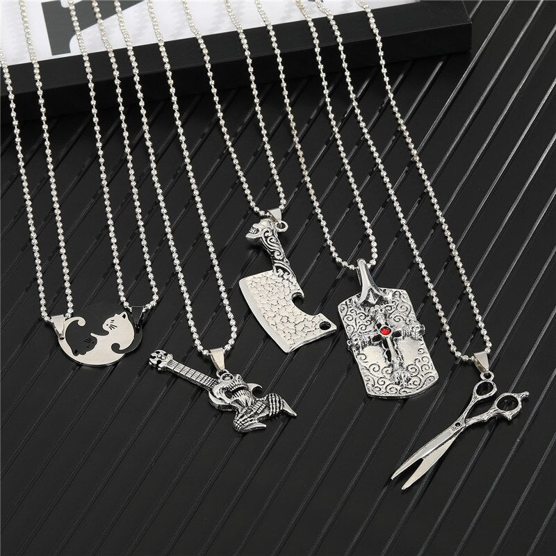 1PC Punk Gothic Knife Cross Army Tag Pendant Necklace For Men Women Cute Creative Guitar Splicing Cat Lovers Choker Jewelry N126