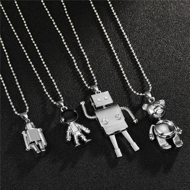 1PC Punk Hiphop Cartoon Astronaut Robot Bear Necklace For Women Men Trendy Creative Rock Metal Pendant Collar Choker Jewelry