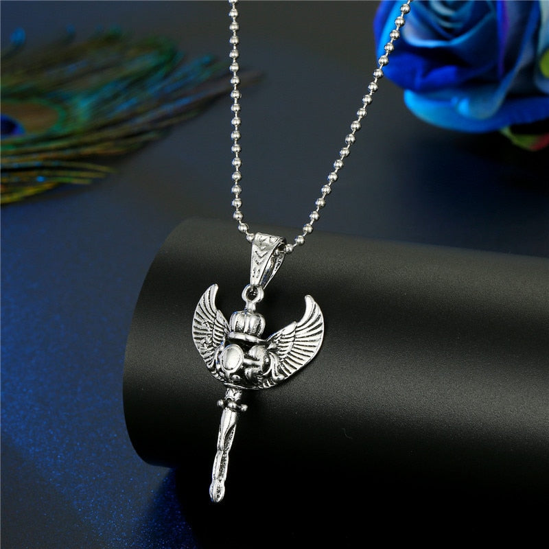 1PC Punk Trendy Zircon Cross Angel Pendant Necklace For Women Men Cute Gothic Vintage Metal Skull Wing Necklace Choker Jewelry