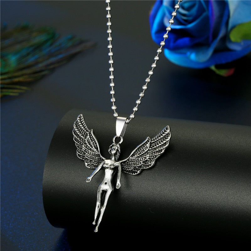 1PC Punk Trendy Zircon Cross Angel Pendant Necklace For Women Men Cute Gothic Vintage Metal Skull Wing Necklace Choker Jewelry