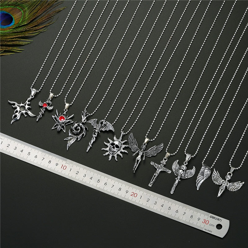 1PC Punk Trendy Zircon Cross Angel Pendant Necklace For Women Men Cute Gothic Vintage Metal Skull Wing Necklace Choker Jewelry