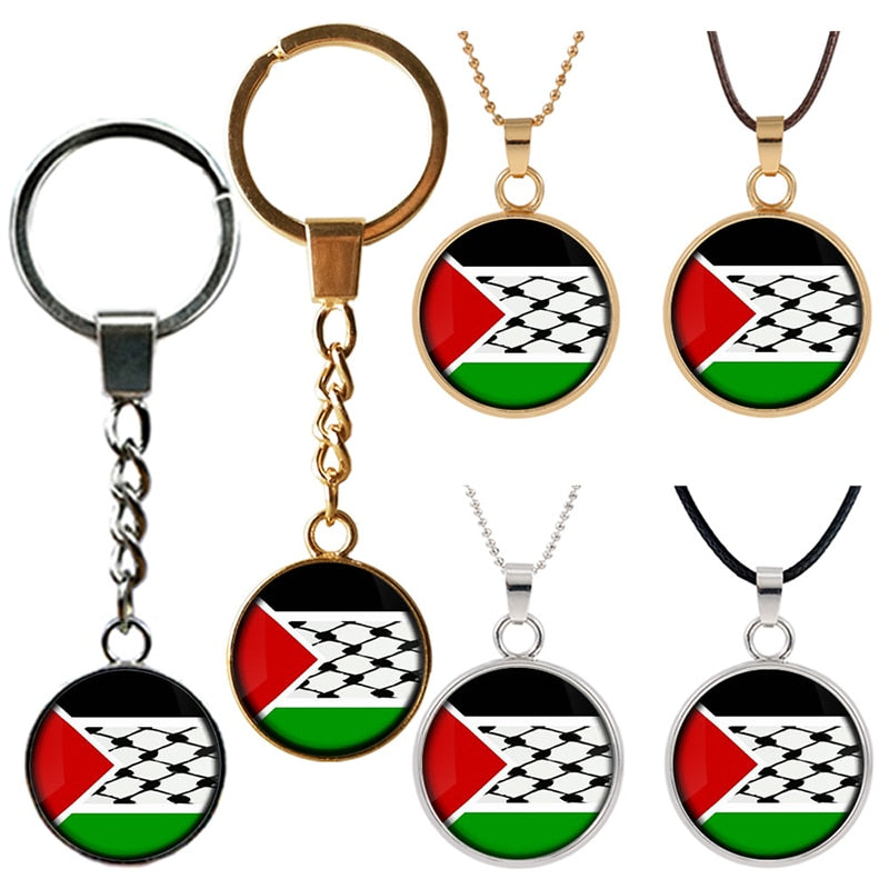 1PC Round Palestine Flag Map Pendant Necklace Key Chain Jewelry Keychain Souvenirs Gifts For Men Women New