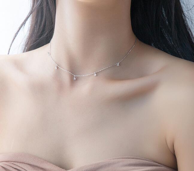 1PC (Very Thin Necklace)Real.925 Sterling Silver Jewelry Triangle Stone station statement Chorker Necklace /straight Bar Lariat