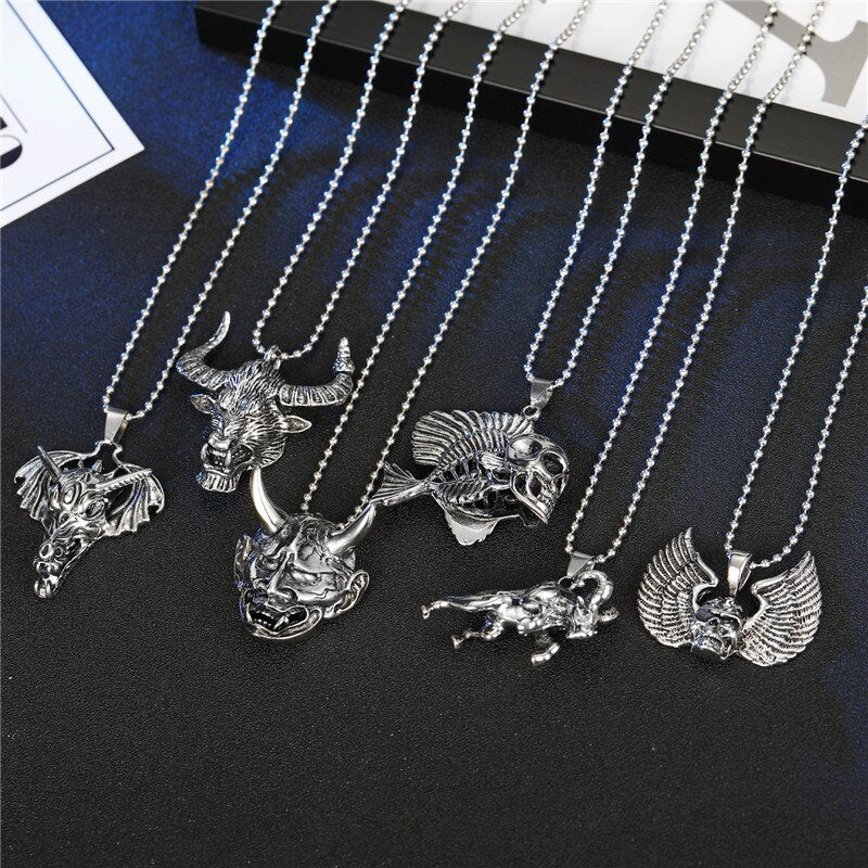 1PC Vintage Gothic Wing Skull Male Necklace Choker Punk Hiphop Bull Head Loin Big Pendant Necklace For Men Women Jewelry N798