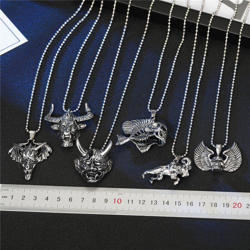 1PC Vintage Gothic Wing Skull Male Necklace Choker Punk Hiphop Bull Head Loin Big Pendant Necklace For Men Women Jewelry N798