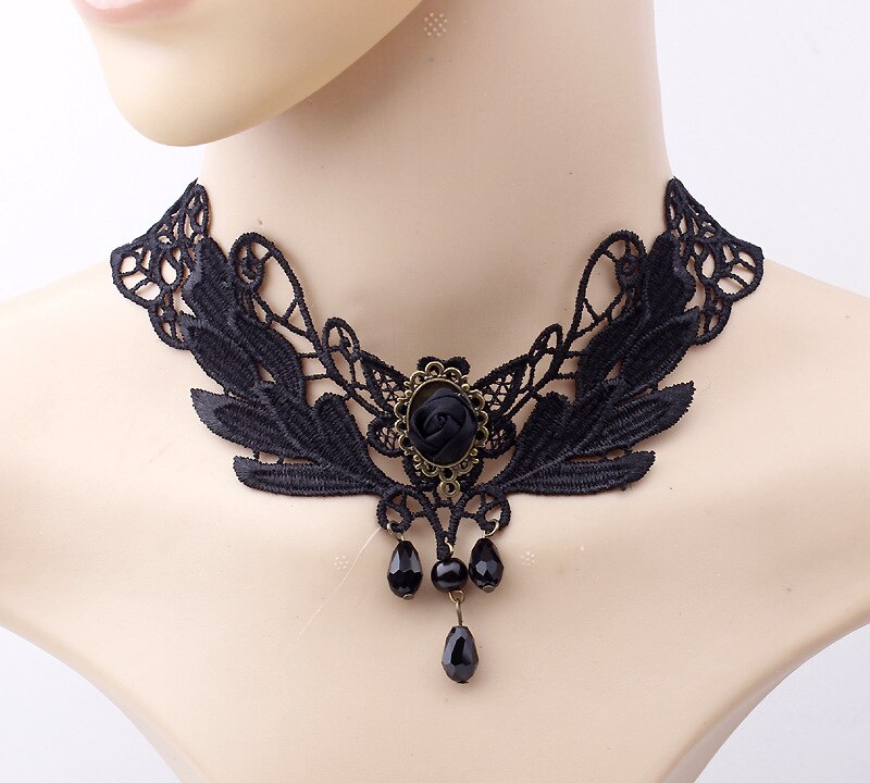 1PC Women's Style Black Fabric Rose Flower Beads Pendant Choker Lace Necklace Gothic Jewelry False Collar Statement Necklace