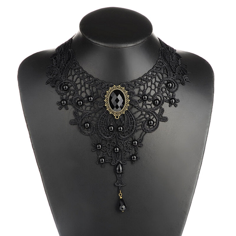 1PCWomen Black Lace& Beads Choker Victorian Steampunk Style Gothic Collar Necklace Nice Gift For Women