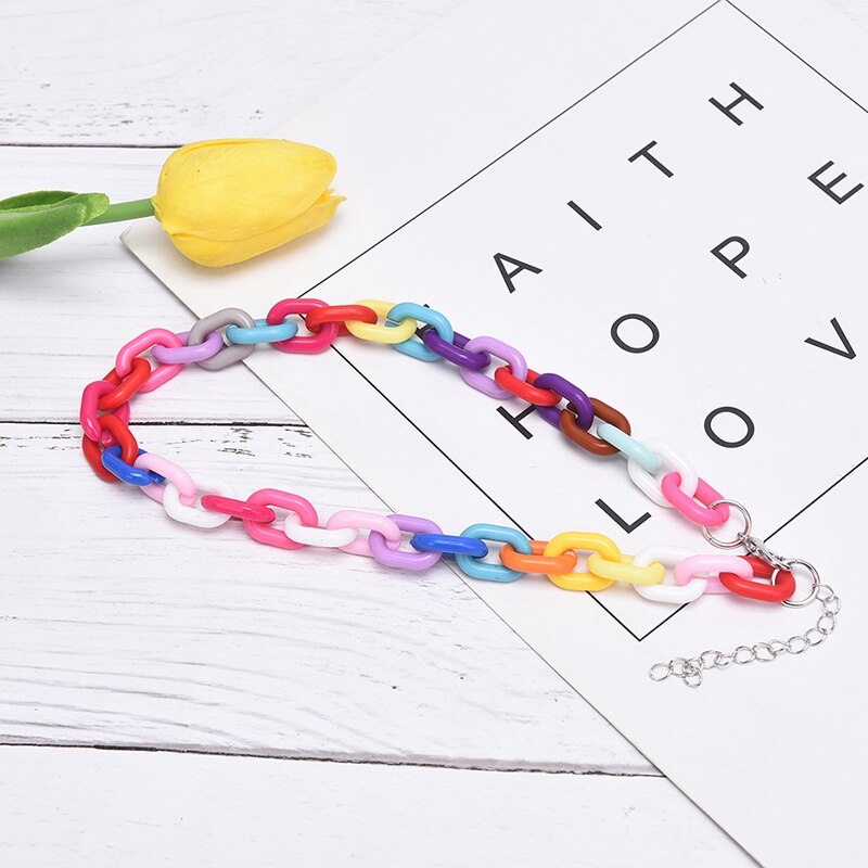 1PCS Adjustable Boho Rainbow Color Necklace Colorful Acrylic Link Chain Necklaces For Women Girls Jewelry Gifts