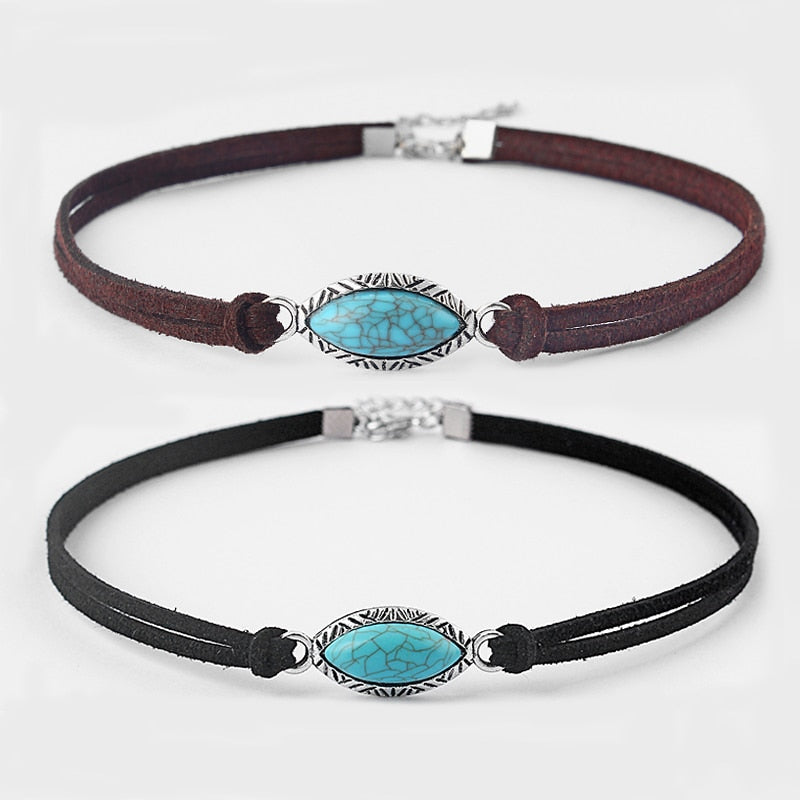 1PCS  Blue Stone Horse Eye Crackle Stone & Faux Korean Suede Leather Cord Adjustable Choker Necklace